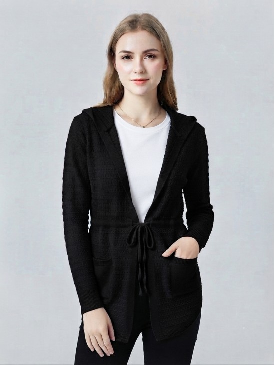 Knitted Open-Front Sweater W/ Front Tie & Pockets Knitted Open-Front Sweater W/ Front Tie & Pockets
