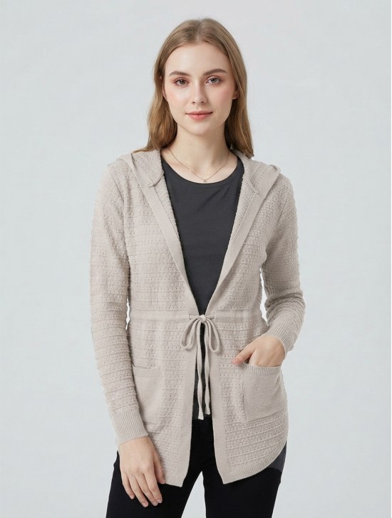 Knitted Open-Front Sweater W/ Front Tie & Pockets