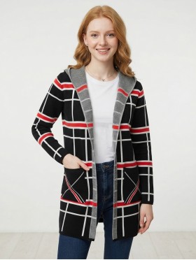 Plaid Open-Front Sweater Jacket W/ Pockets and Hood