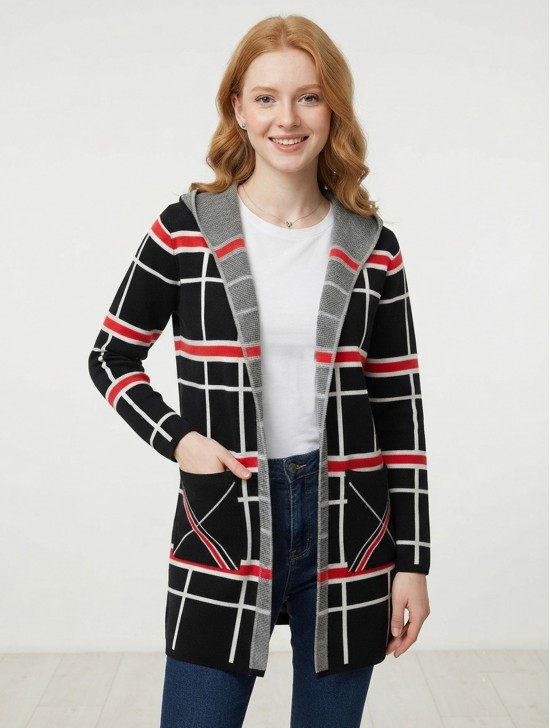 Plaid Open-Front Sweater Jacket W/ Pockets and Hood Plaid Open-Front Sweater Jacket W/ Pockets and Hood
