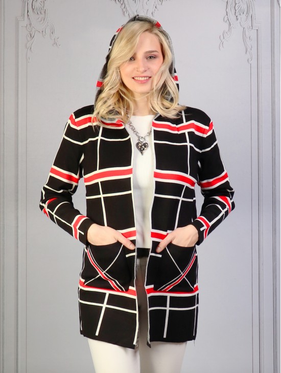 Plaid Open-Front Sweater Jacket W/ Pockets and Hood