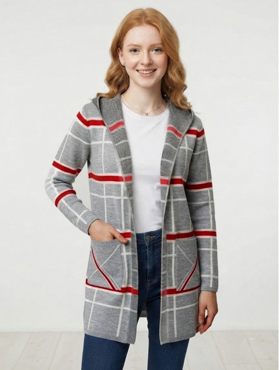 Plaid Open-Front Sweater Jacket W/ Pockets and Hood