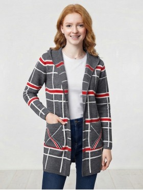 Plaid Open-Front Sweater Jacket W/ Pockets and Hood