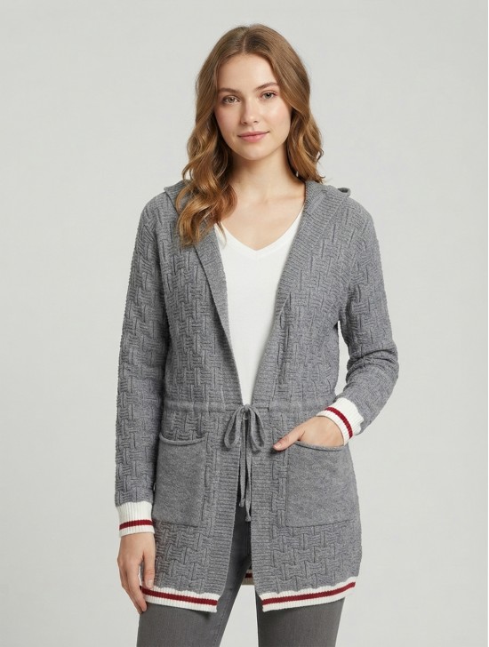Canadiana Grey Cardigan with Red+White Details, Pockets and Hood