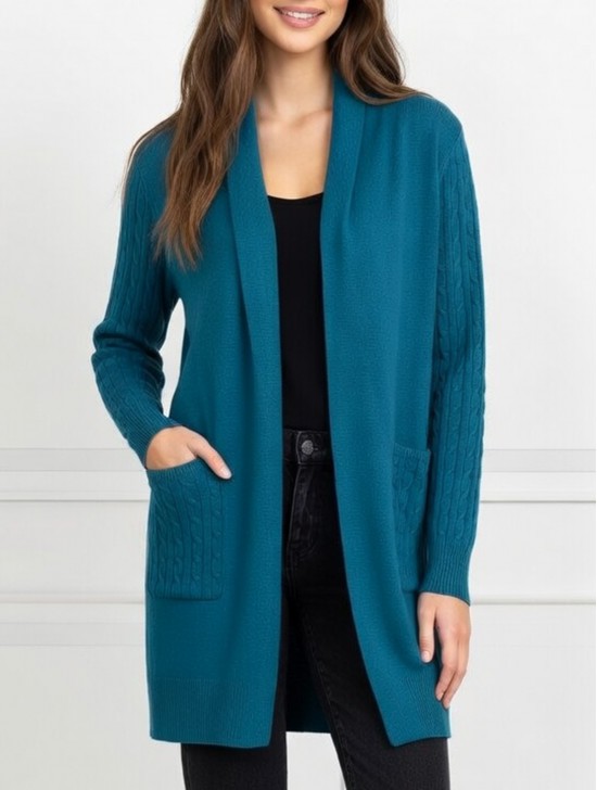 Stretchy Cable Knitted Cardigan W/ Pockets