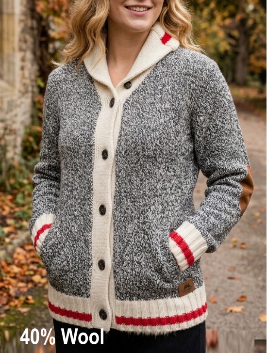 Women's Canadiana Grey Wool Cardigan W/ Pockets Women's Canadiana Grey Wool Cardigan W/ Pockets