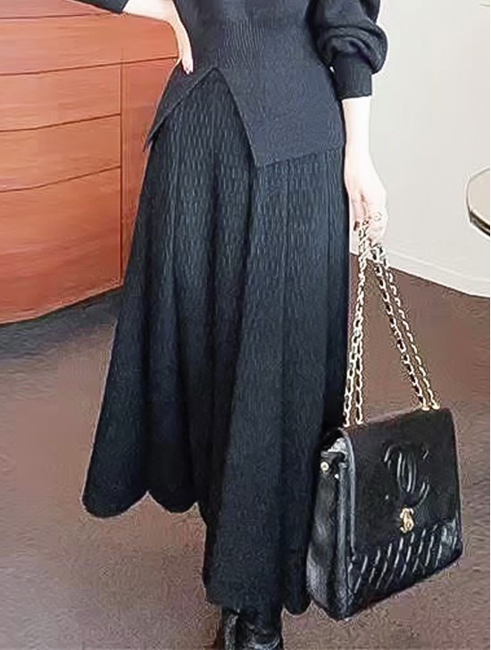 Core Spun Yarn Solid-color Knitted Stretch Skirt W/ Wave Pattern