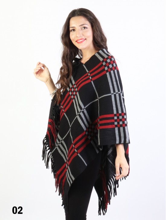 Plaid Poncho W/ Fringes