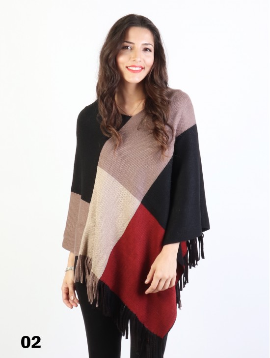 Color Block Poncho W/ Fringes