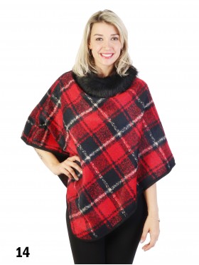 Plaid & Abstract Poncho W/ Fur Collar