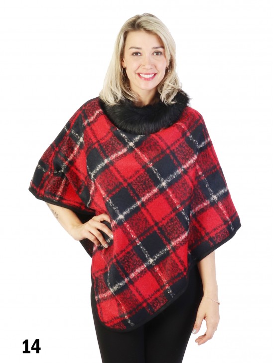 Plaid & Abstract Poncho W/ Fur Collar