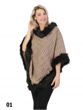 Plaid Poncho W/ Fur Collar & Trim