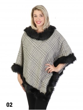 Plaid Poncho W/ Fur Collar & Trim