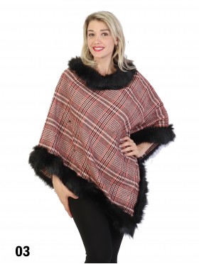 Plaid Poncho W/ Fur Collar & Trim