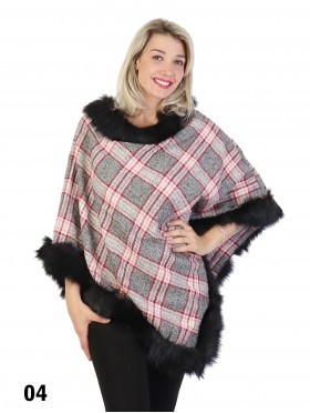 Plaid Poncho W/ Fur Collar & Trim