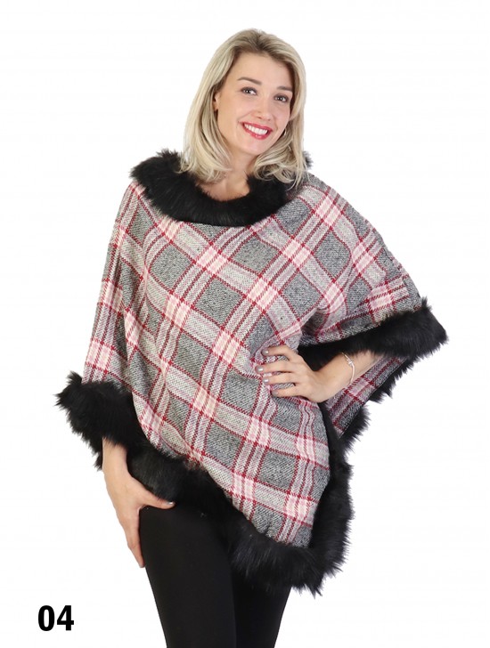 Plaid Poncho W/ Fur Collar & Trim