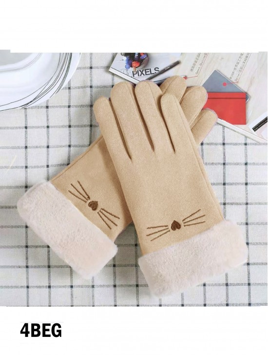 Fleece Lined Cat Gloves w/ Faux Fur Trims