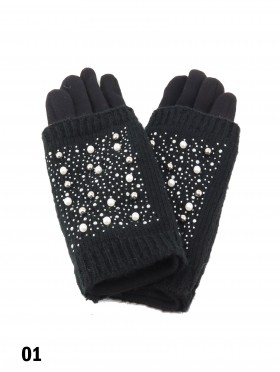 Double Layer Touch Screen Glove W/ Pearl Rhinestone