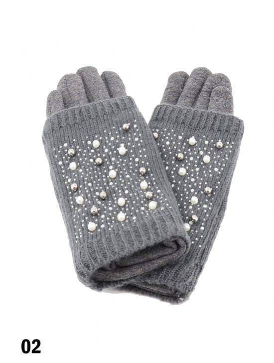 Double Layer Touch Screen Glove W/ Pearl Rhinestone