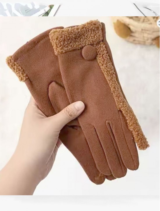 Fashion Touch Screen Gloves with Faux Fur Trim and Button 