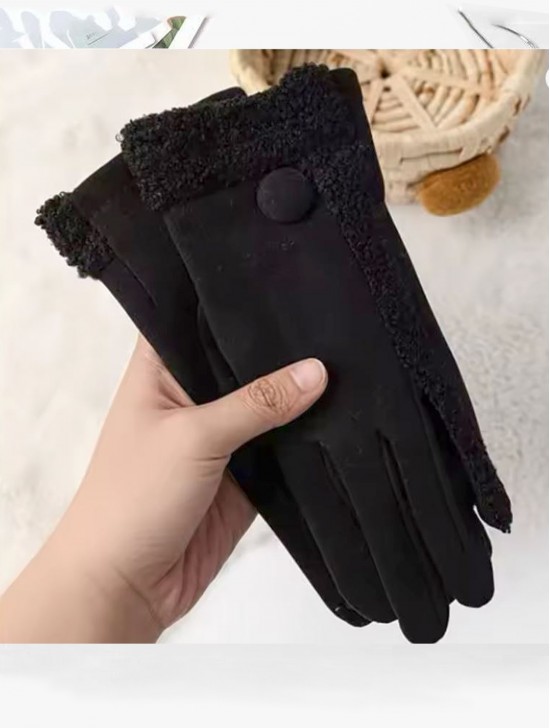Fashion Touch Screen Gloves with Faux Fur Trim and Button 