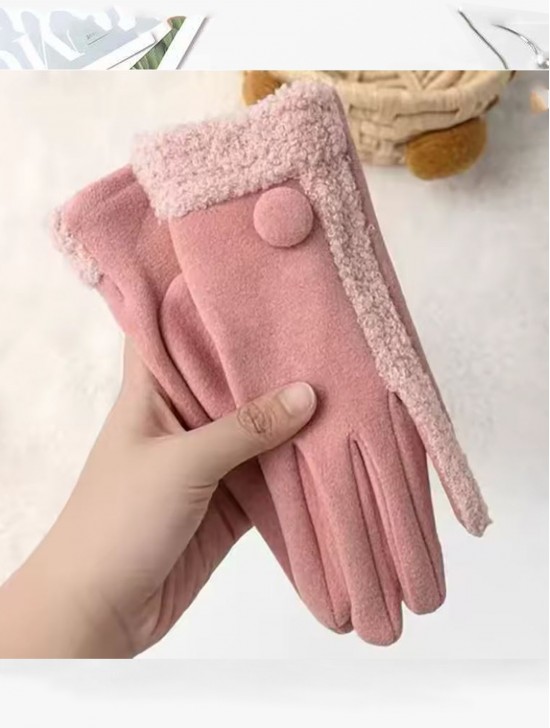 Fashion Touch Screen Gloves with Faux Fur Trim and Button 
