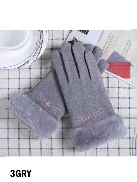 Fleece Lined Cat Gloves w/ Faux Fur Trims
