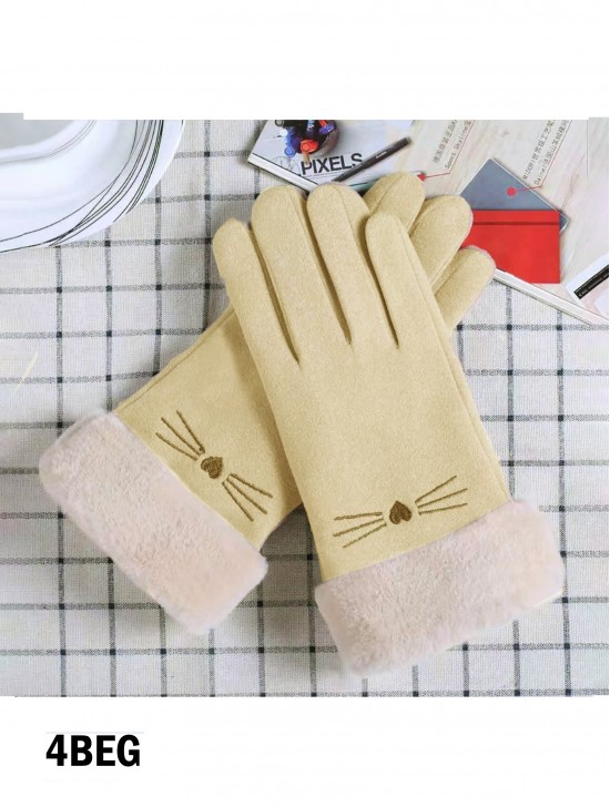 Fleece Lined Cat Gloves w/ Faux Fur Trims