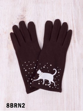 Cat Print Touch Screen Glove W/ Rhinestone & Pearls