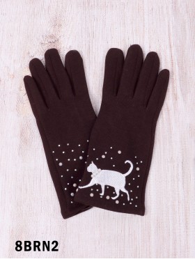 Cat Print Touch Screen Glove W/ Rhinestone & Pearls