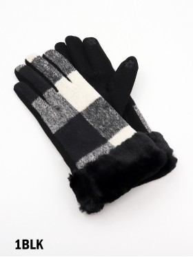 Checkered Fur Gloves W/ Fur Trim