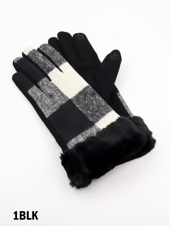 Checkered Fur Gloves W/ Fur Trim