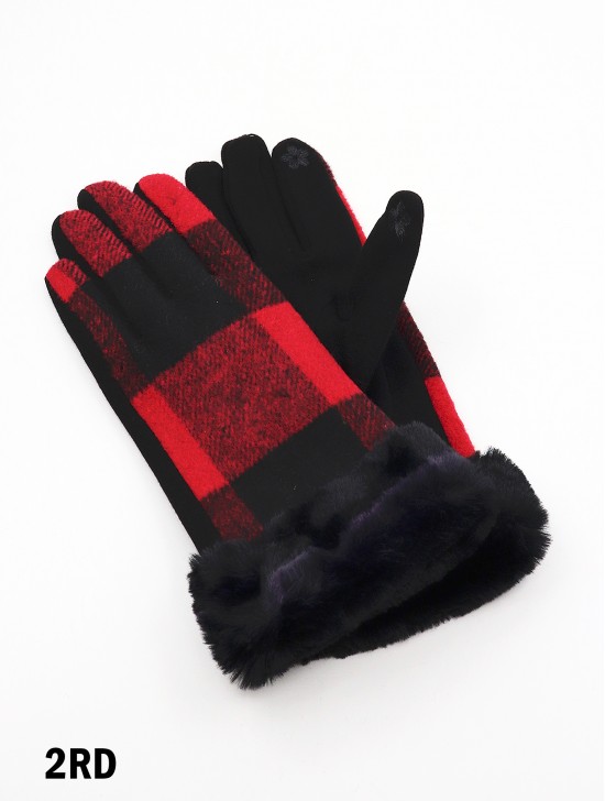 Checkered Fur Gloves W/ Fur Trim