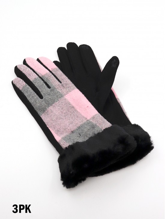 Checkered Fur Gloves W/ Fur Trim