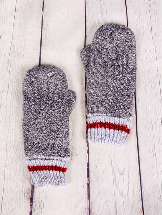 Adult Double Layered Camp Mittens W/ Red Stripe