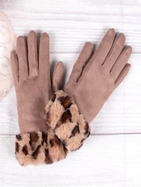 Touch Screen Gloves W/Leopard Print Faux Fur Trim 