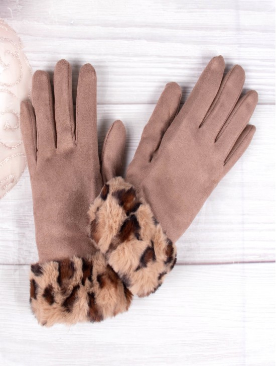Touch Screen Gloves W/Leopard Print Faux Fur Trim 