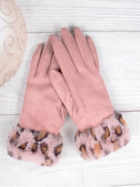 Touch Screen Gloves W/Leopard Print Faux Fur Trim 