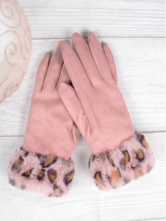 Touch Screen Gloves W/Leopard Print Faux Fur Trim 