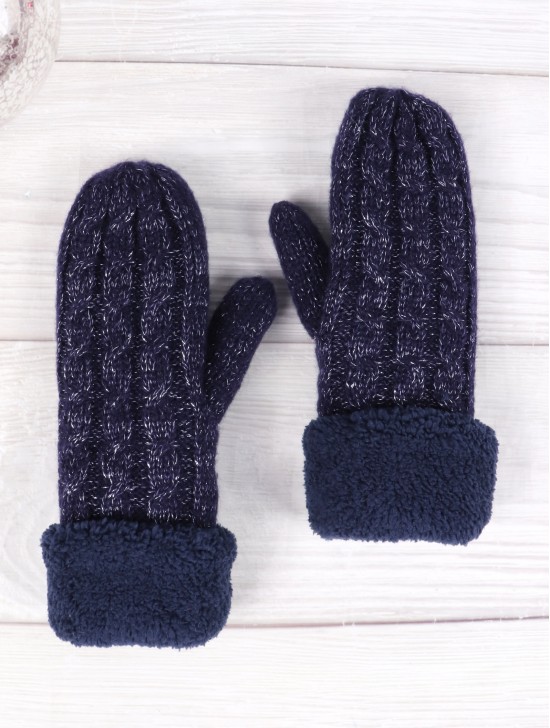 Fashion Fleck Cable Knitted Lurex Mittens with Plush Cuffs.