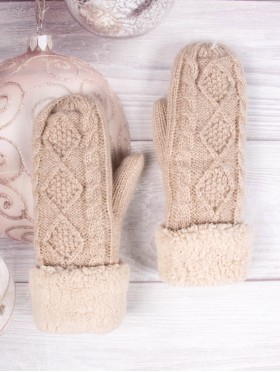 Rhombus Knitted Mittens with Plush Cuffs