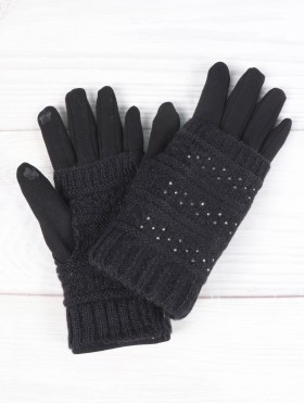 Cable Knit Double Layered Touch Screen Gloves W/ Rhinestones