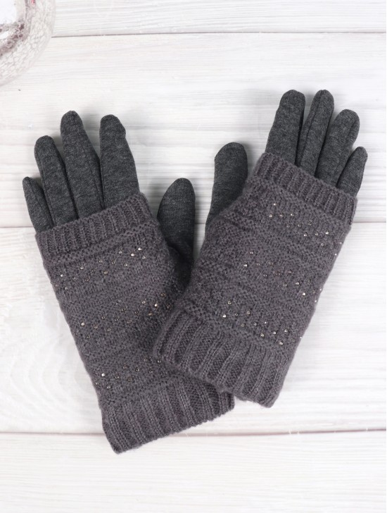Cable Knit Double Layered Touch Screen Gloves W/ Rhinestones