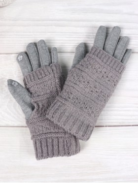 Cable Knit Double Layered Touch Screen Gloves W/ Rhinestones
