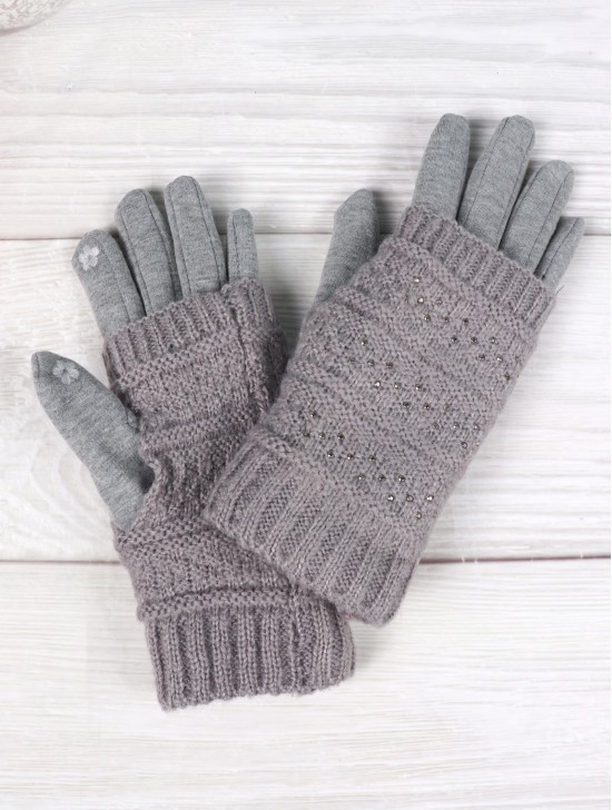 Cable Knit Double Layered Touch Screen Gloves W/ Rhinestones