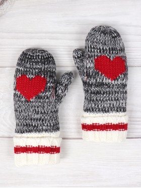 Knitted Double Layer Camp Mittens W/ Heart and Stripe 
