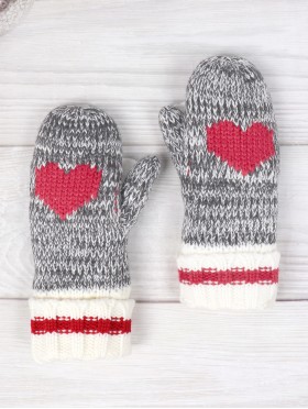 Knitted Double Layer Camp Mittens W/ Heart and Stripe 
