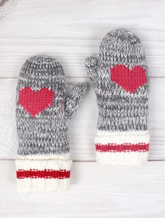 Knitted Double Layer Camp Mittens W/ Heart and Stripe 