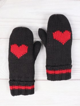 Knitted Double Layer Camp Mittens W/ Heart and Stripe 