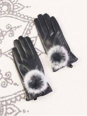Women's PU Touch Screen Gloves w/ Texture and Pompom Design